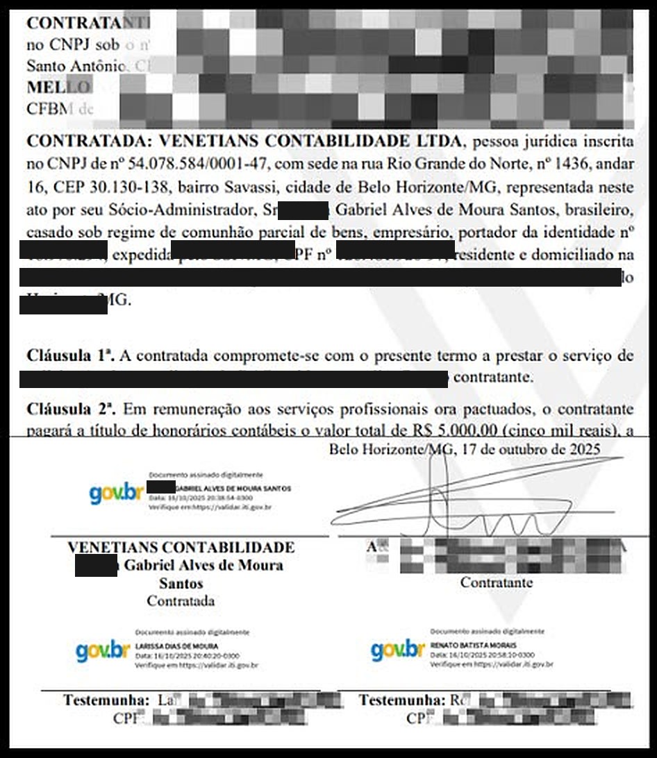Contrato de R$5.000 da Venetians Contabilidade por serviço estratégico