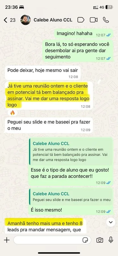 Conversa sobre reunião e prospecção de cliente